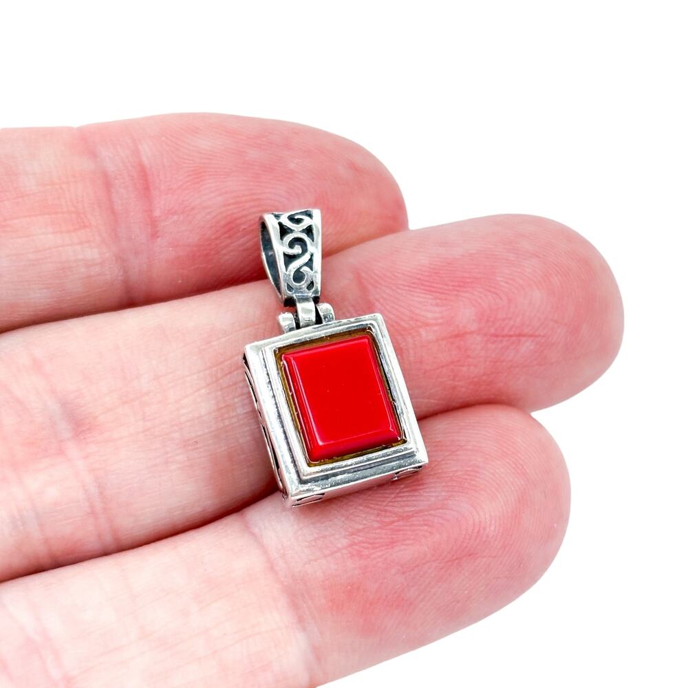 Vintage Sterling Silver 925 Red Enamel Floral Reversible Pendant